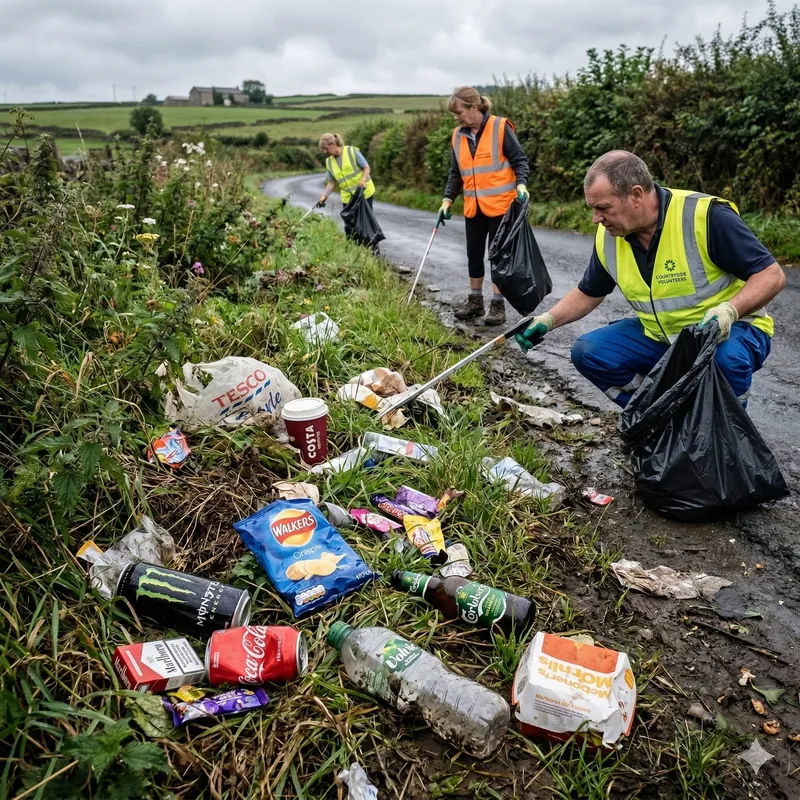 Volunteers picking litter together